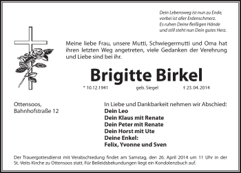 Traueranzeige von Brigitte Birkel von Pegnitz-Zeitung